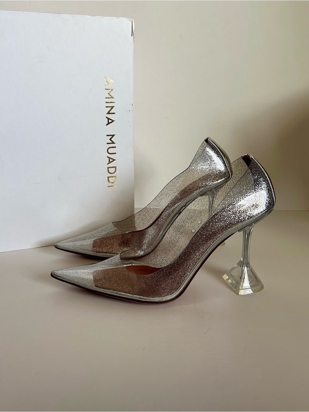 Amina Muaddi Clear Metallic Silver Pointed Pump